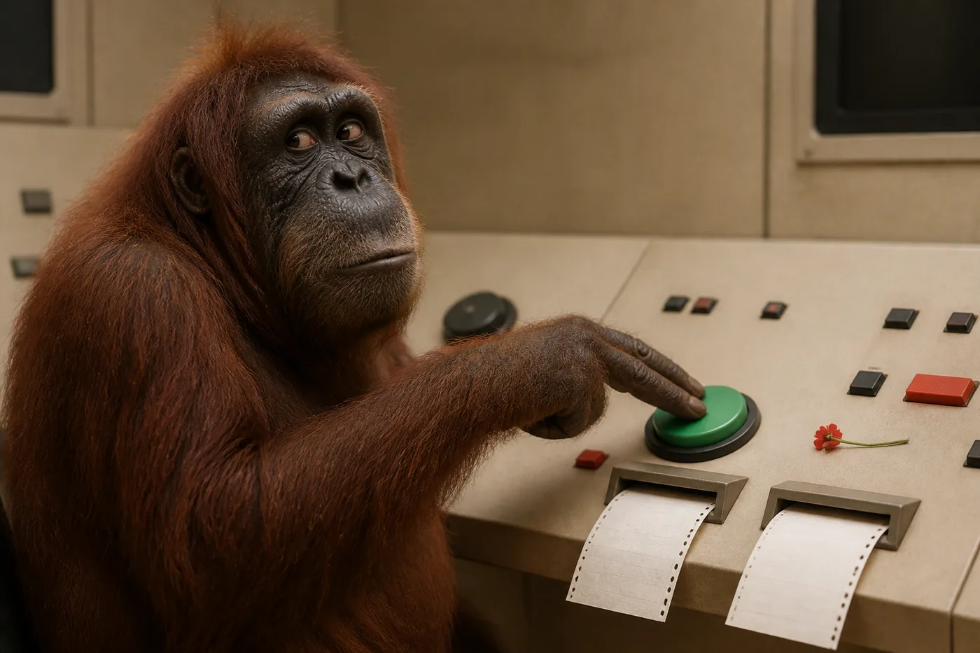 The ape presses one green button with two fingers while two receipts print.