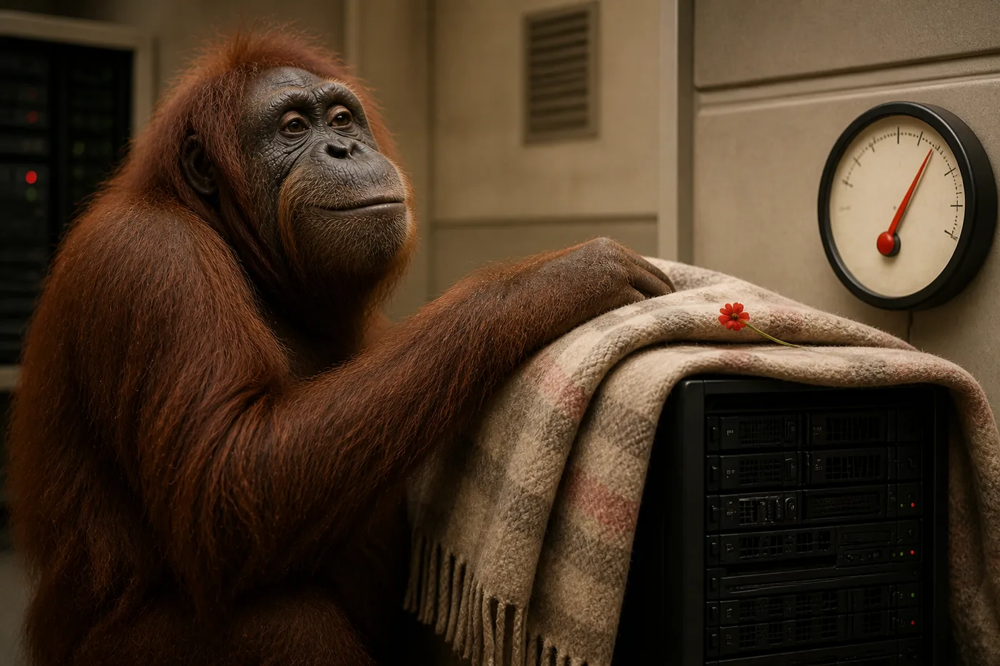 The ape covers a server with a blanket while its temperature gauge rises.