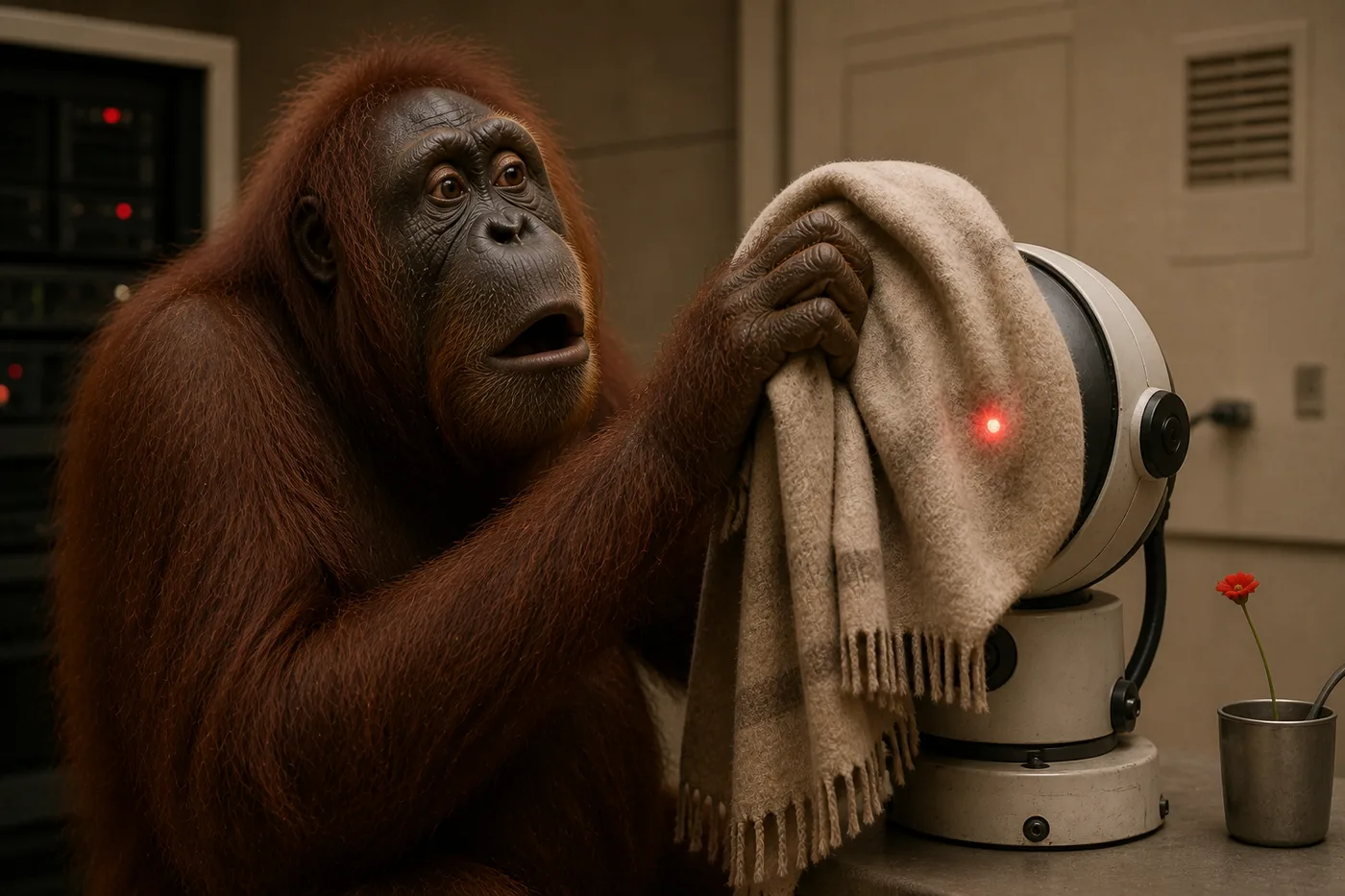 The ape wipes a robot camera while the camera is scanning.