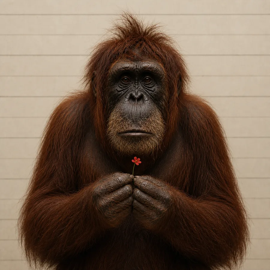 The Nice Ape poses for a serious personnel photograph while holding a tiny flower.