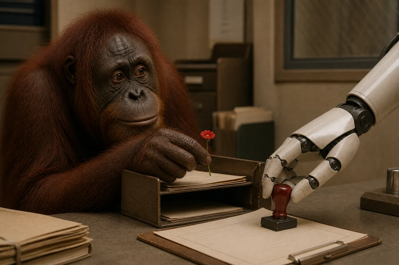 The ape files a tiny flower while a robot stamps a receipt.